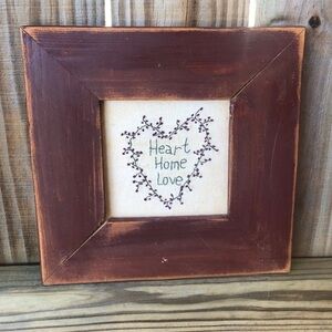 Framed Vintage Straight Stitch & French Knot Embroidery Heart Home Love